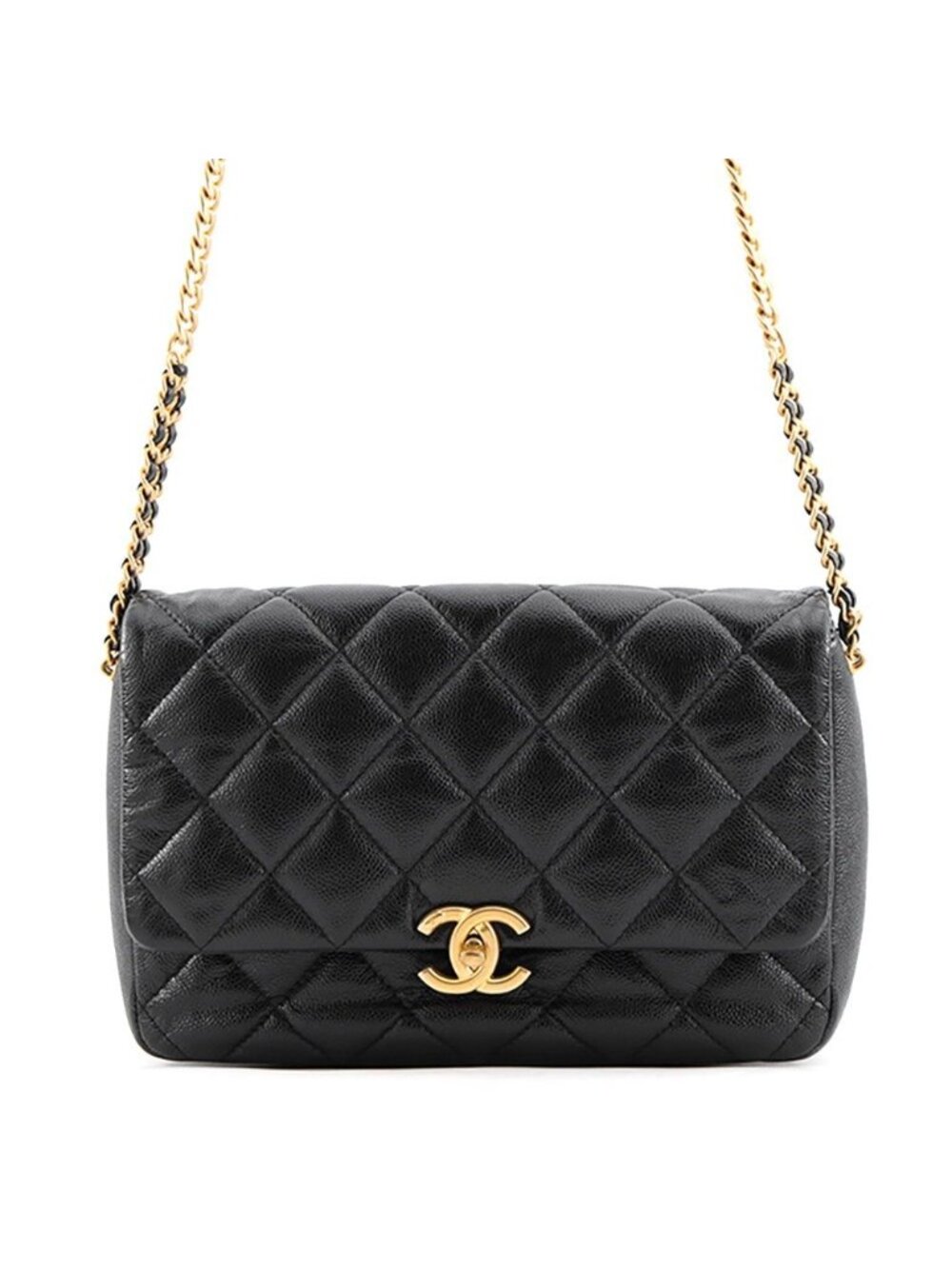 Chanel Chain Shoulder Bag Quilted CC Logo Melody Flap Caviar Leather Black
